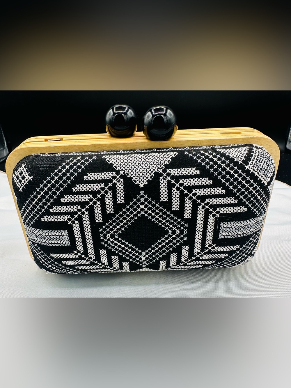 Black & White Geometric Embroidered Frame Clutch